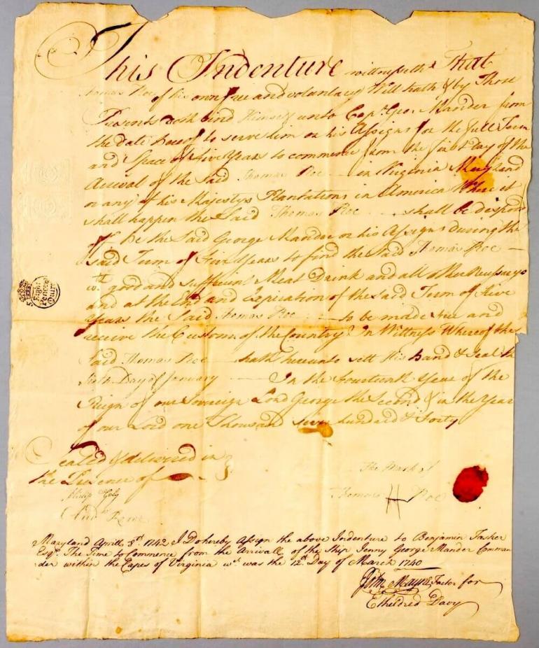 This indentured servant’s contract was resold to Benjamin Tasker, most likely for work  at the Baltimore Iron Works,  April 8, 1742.