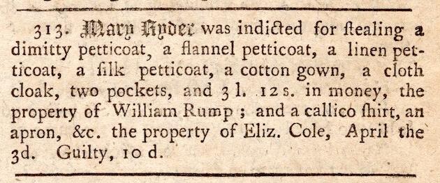 Trial transcript during which Mary Ryder was convicted of stealing some money and about ten articles of clothing.