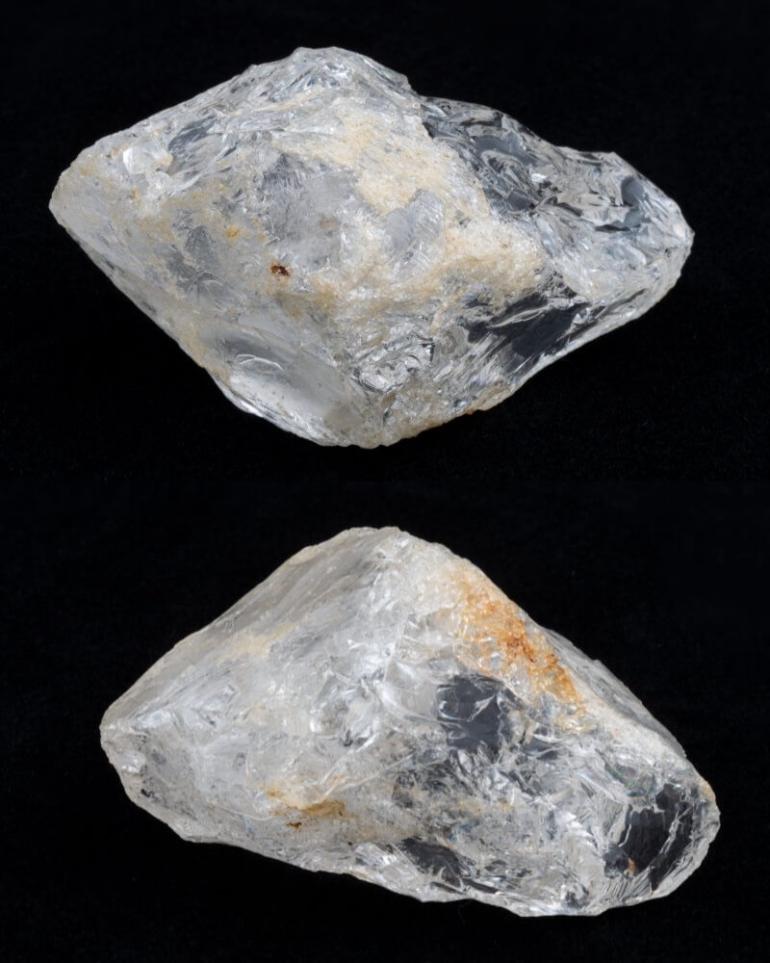 This crystal, seen from both sides, is believed to have originated from Western Maryland. It was excavated by archeologists with other objects and soil dating from 1760, under the kitchen doorway at Mount Clare
