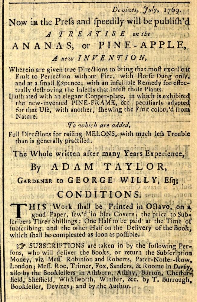 Ad from The Derby Mercury in England, August 11, 1769. 