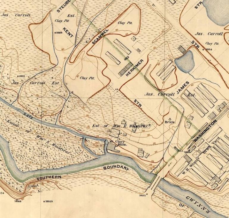 Topographical survey showing industrial scars, 1896. See landowner’s names including James Carroll and William Woodyear.