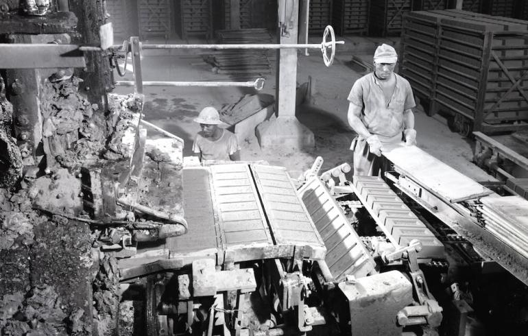 Workers operating brick-making machines at the Baltimore Brick Company, August 1956.