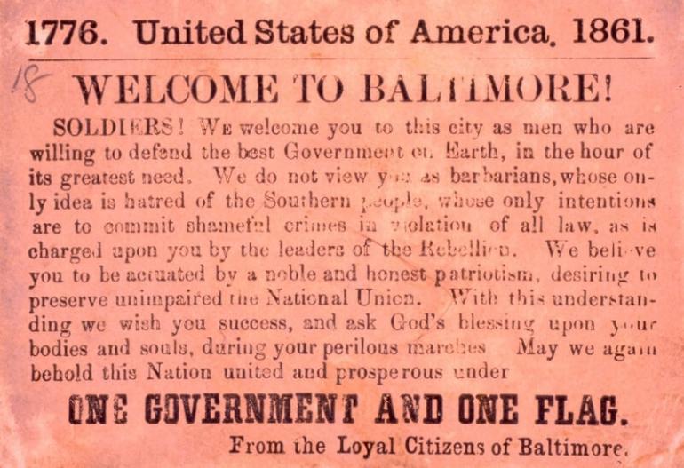 Cards handed out to passing regiments by a committee of Baltimore citizens loyal to the Union after the 1861 Baltimore Riot.