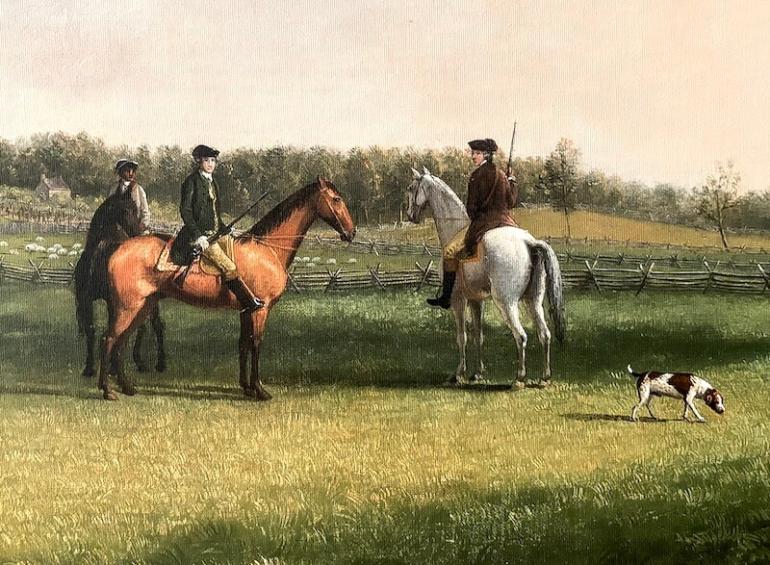 Detail of a painting believed to depict an enslaved groom, Charles Carroll Barrister, and his brother-in-law Nicholas Maccubbin in a landscape of Mount Clare, by Charles Willson Peale, 1775.