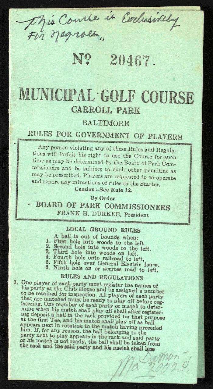 The city's only 9-hole course at Carroll Park was designated for "Blacks Only" for several years. 