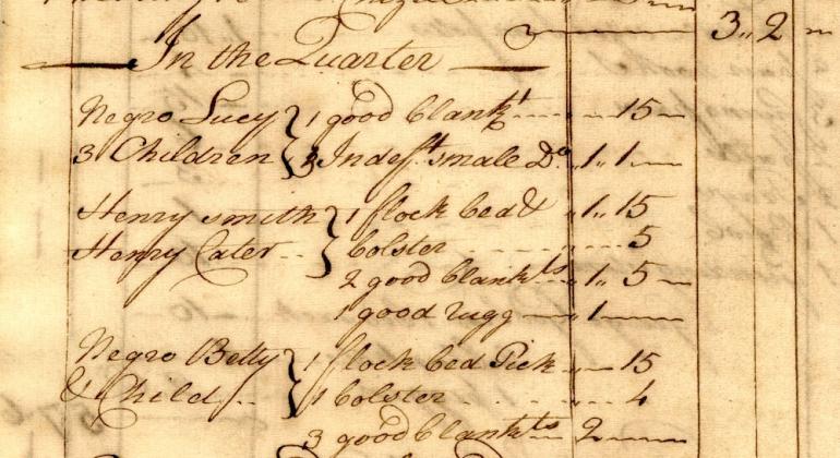Account book from the Baltimore Iron Works company store showing items earned by enslavored laborers through overwork, 1737.