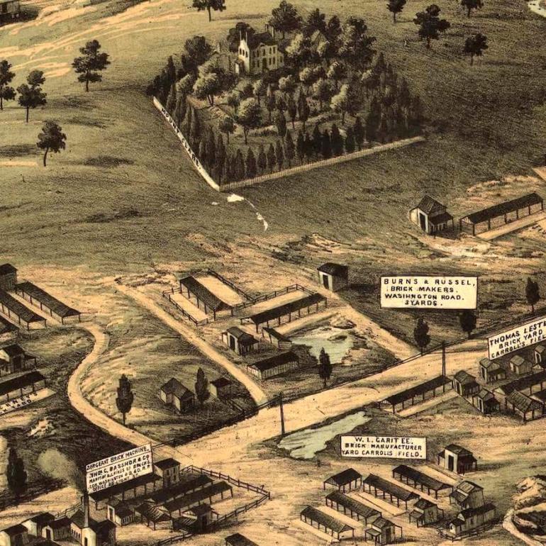 Detail from the brickyards at Mount Clare from the 1869 E. Sachse & Co. bird’s-eye view of Baltimore map. The house is in the fenced enclosure at the top center.