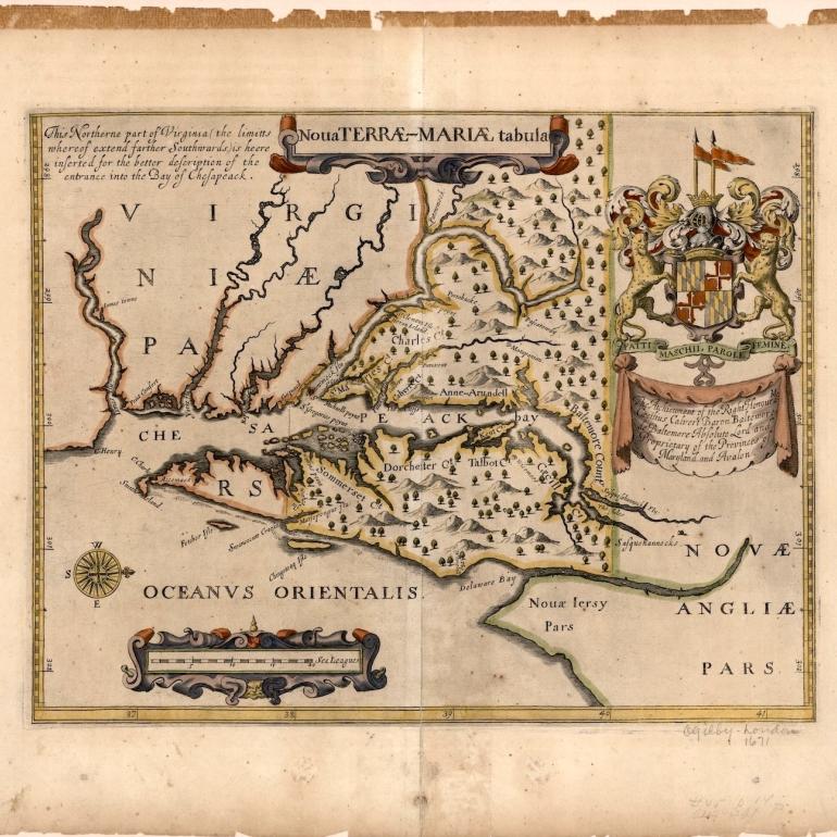 Known as “Lord Baltimore’s map,” this 1671 map shows Maryland and Northern Virginia, and includes the Calvert family crest, Created by John Ogilby.
