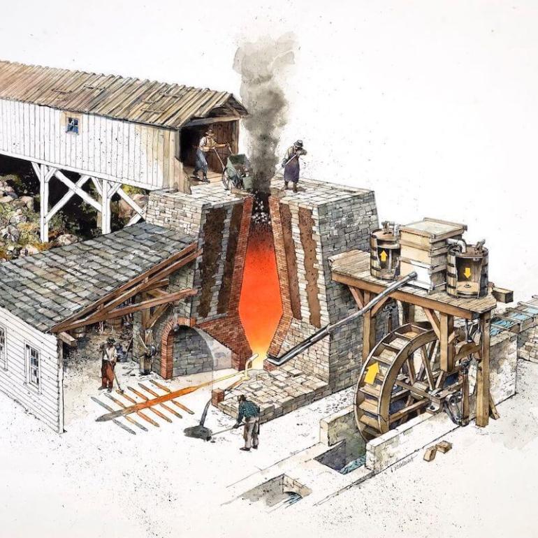 Cut-away of a 19th century blast furnace, by artist Richard Schlecht.