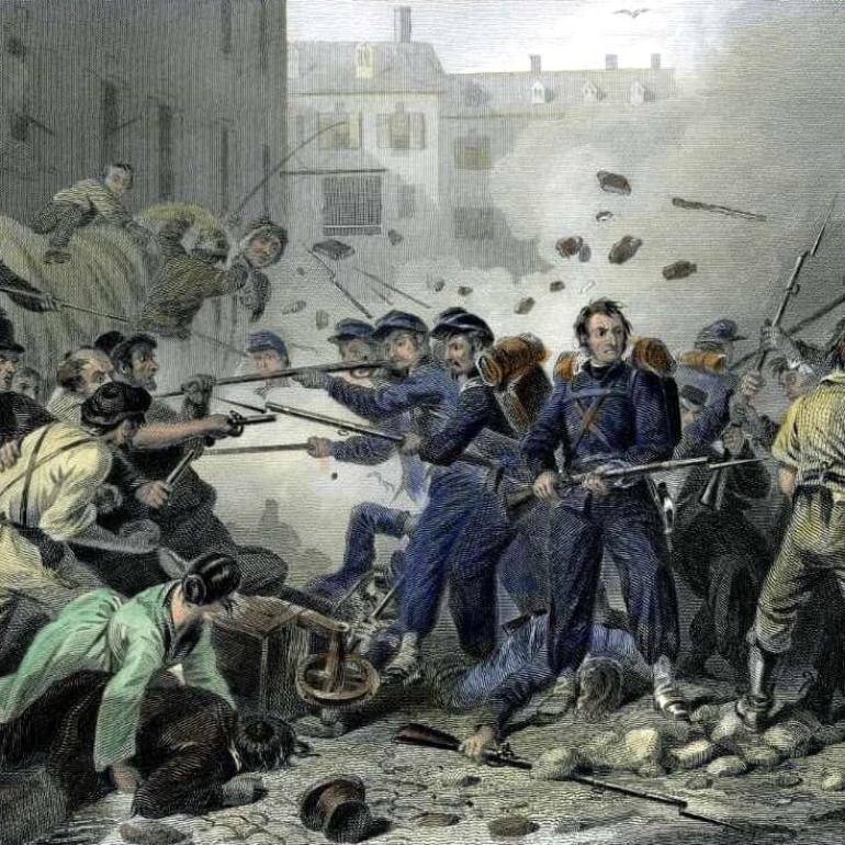 Massachusetts Militia being attacked by pro-secessionist Marylanders during the Baltimore Riot. Engraving by F.F. Walker, 1861.