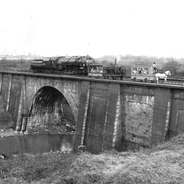 The B&O marked the 100th anniversary of the Carrollton Viaduct, by reenacting the railroad’s transformation from horsepower to steam locomotion with original equipment. Also pictured is a 1929 state-of-the-art steam locomotive.