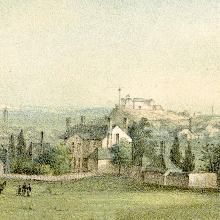 A cropped portion of a print of the Union encampment on the grounds of Mount Clare showing McPherson’s Hotel.