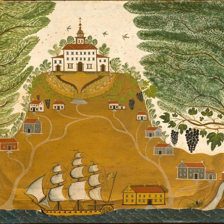 Folk painting by an unknown artist depicting a grand plantation house with falling gardens that lead to the water’s edge, circa 1825.
