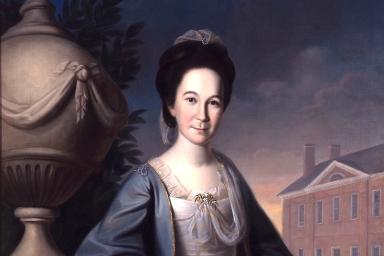 Portrait of Margaret Tilghman Carroll with the garden front of Mount Clare, by Charles Willson Peale, 1770.