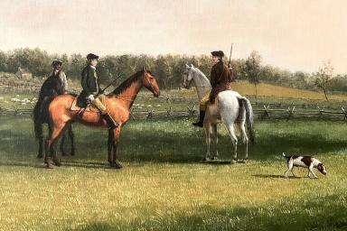 Detail of a painting believed to depict an enslaved groom, Charles Carroll Barrister, and his brother-in-law Nicholas Maccubbin in a landscape of Mount Clare, by Charles Willson Peale, 1775.